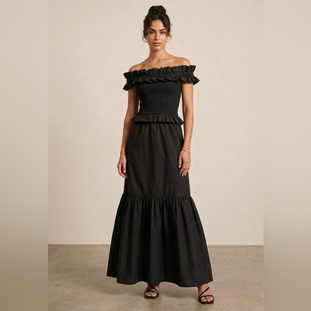 NWT Caroline Constas Black Poplin Ruffle Tiered Off the Shoulder Dress, Size S